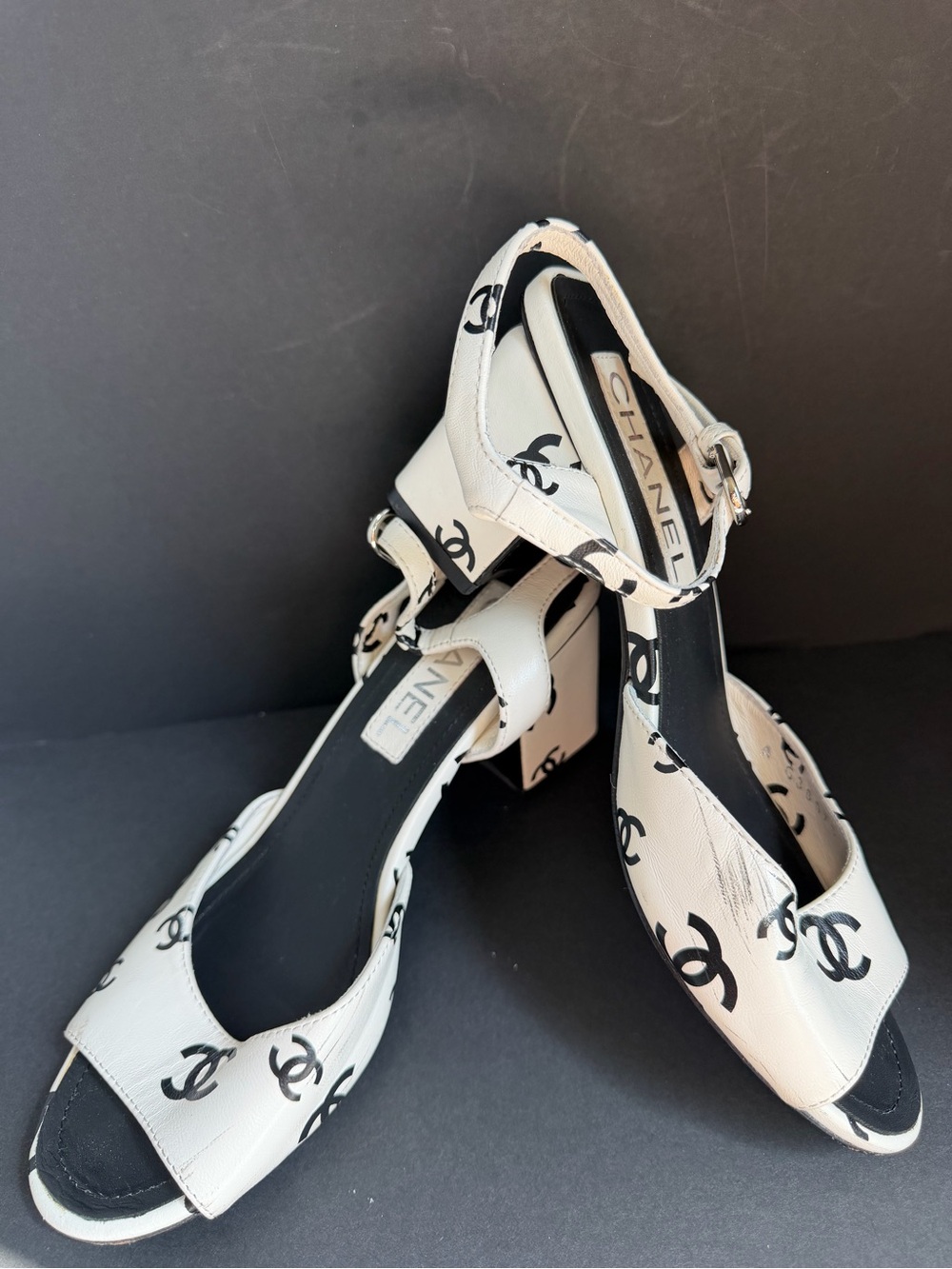 CHANEL White and Black CC Logo Ankle-Strap Block Heels